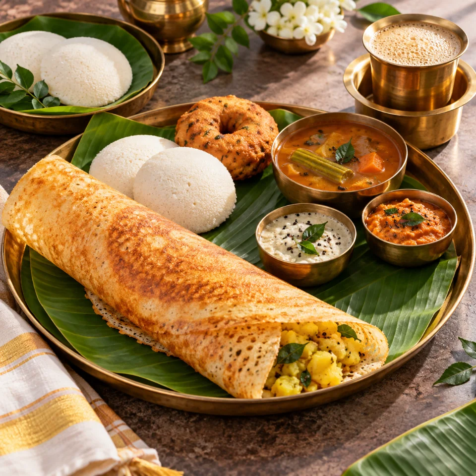 South Indian vegetarian tiffin served on a banana leaf