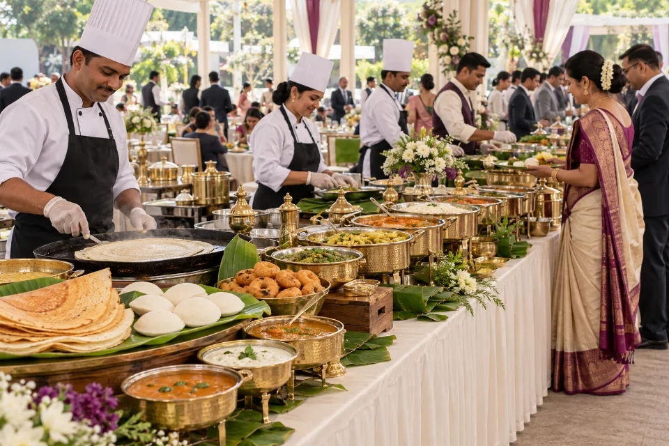Professional chefs serving a catered buffet