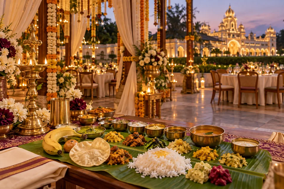 AI-created concept of a Mysuru celebration with floral decor and a South Indian feast