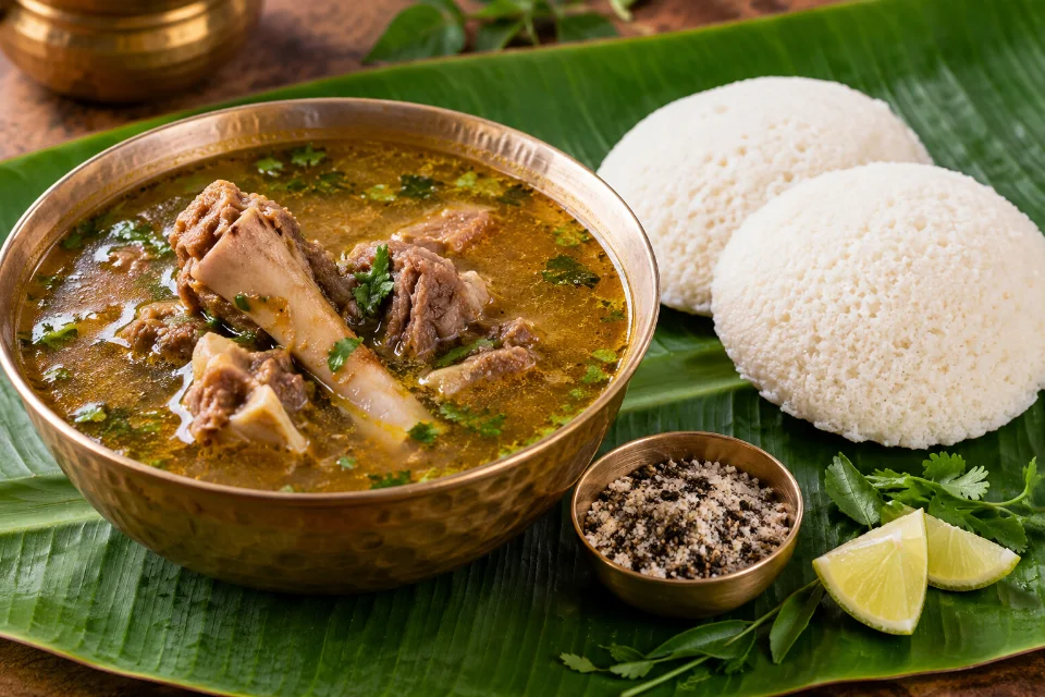 Mysuru-style mutton kaalu soup served with idli