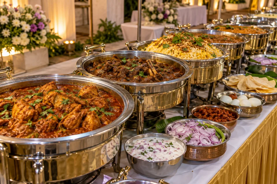 Non-vegetarian buffet with chicken, mutton and biryani